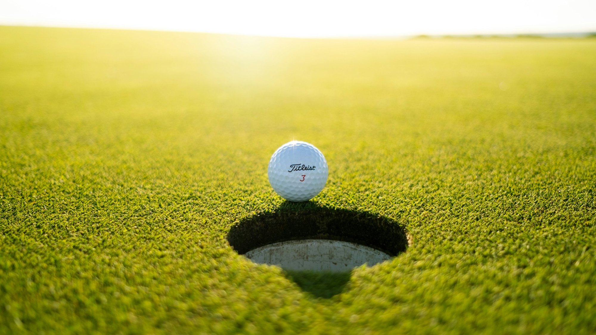 A white golf ball resting at the lip of a cup on a sunlit green