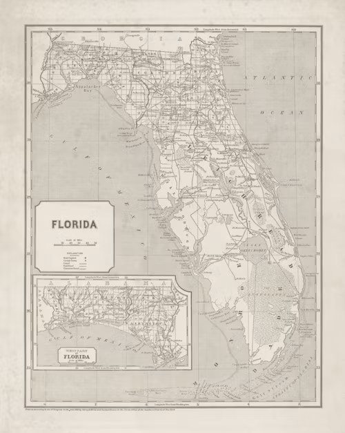An antique printed map of Florida
