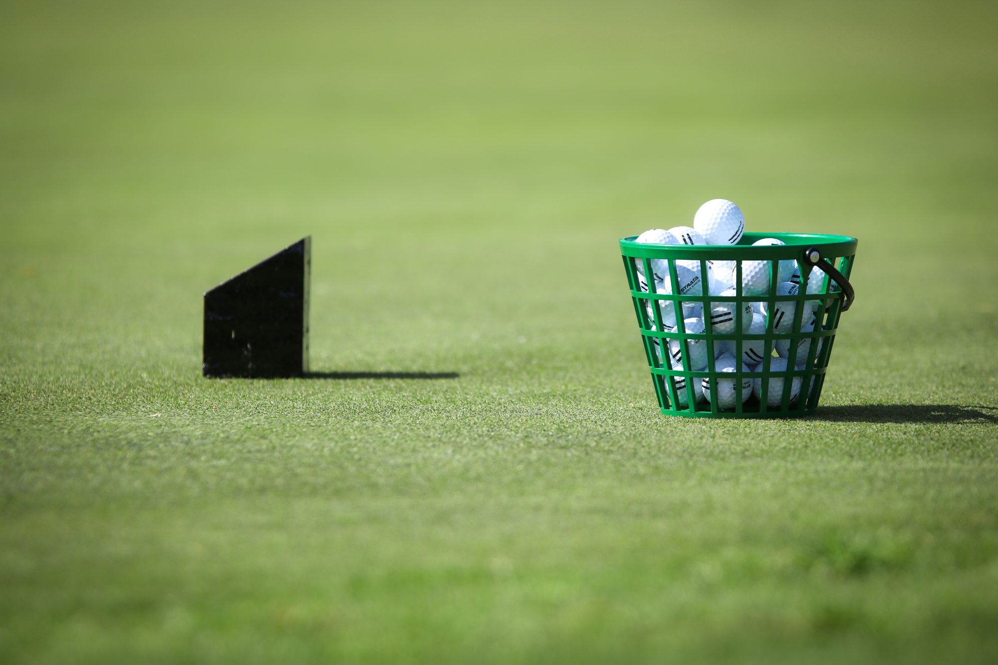 A basket of range balls on the turf beside a tee marker