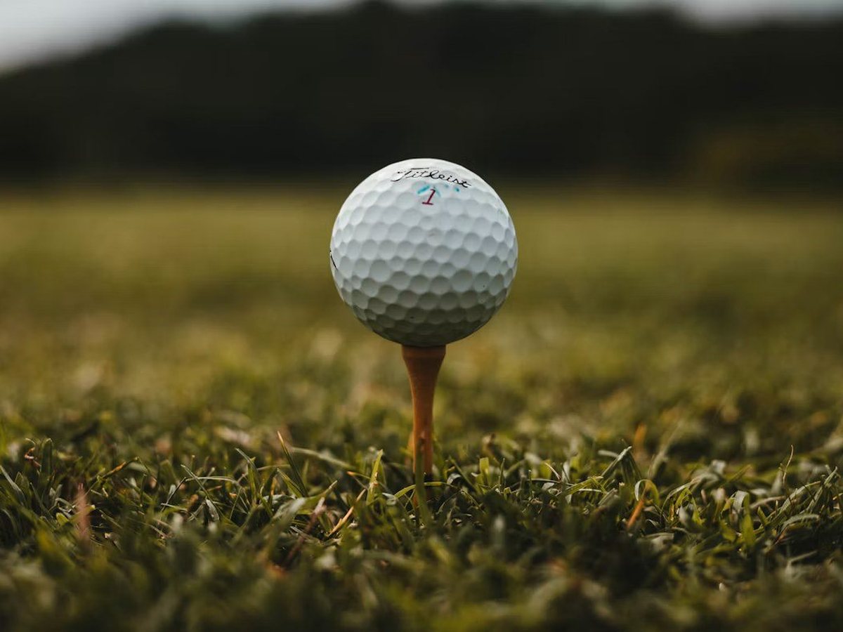A golf ball on a tee in short grass, close up