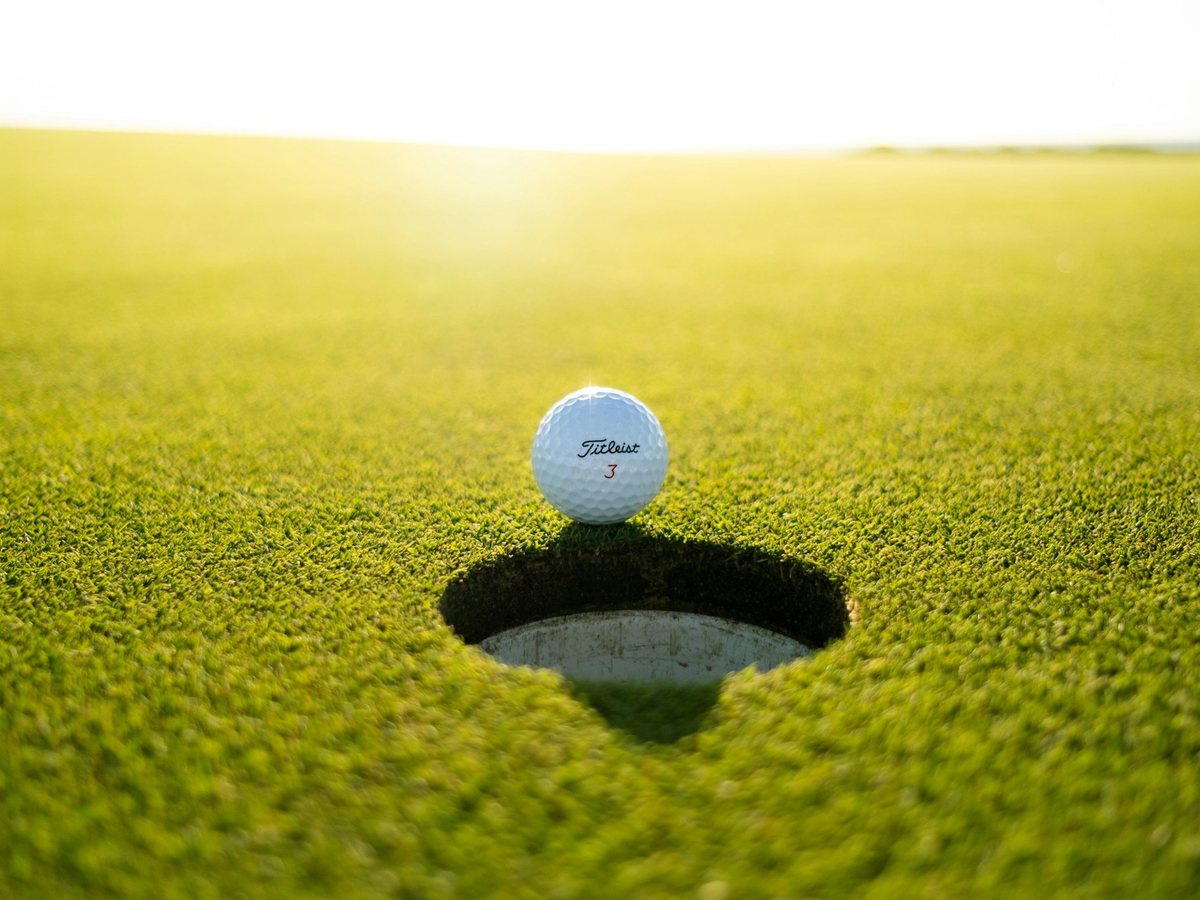 A hole seen from above with the green and bunkers